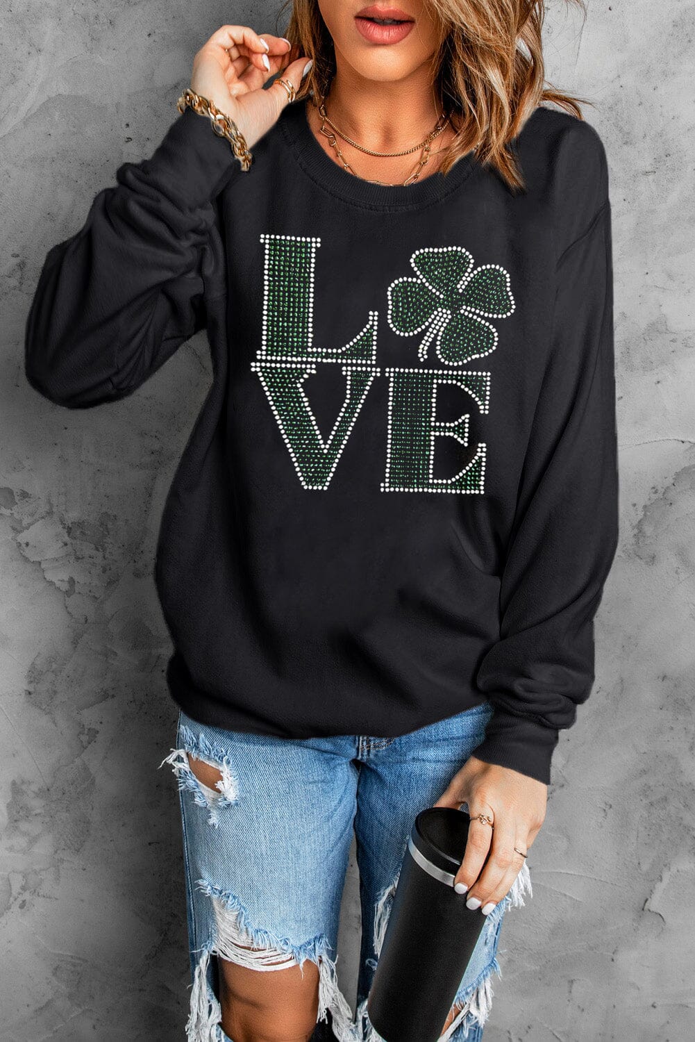 LOVE Rhinestone Clover Round Neck Sweatshirt - Sydney So Sweet