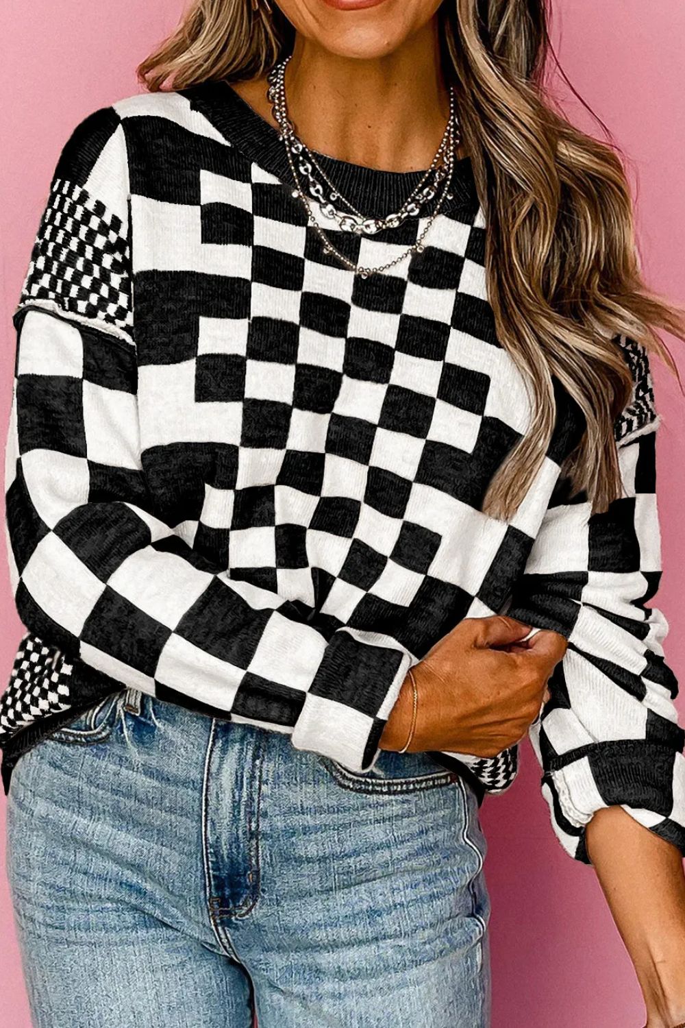 Checkered Round Neck Long Sleeve Sweater - Sydney So Sweet