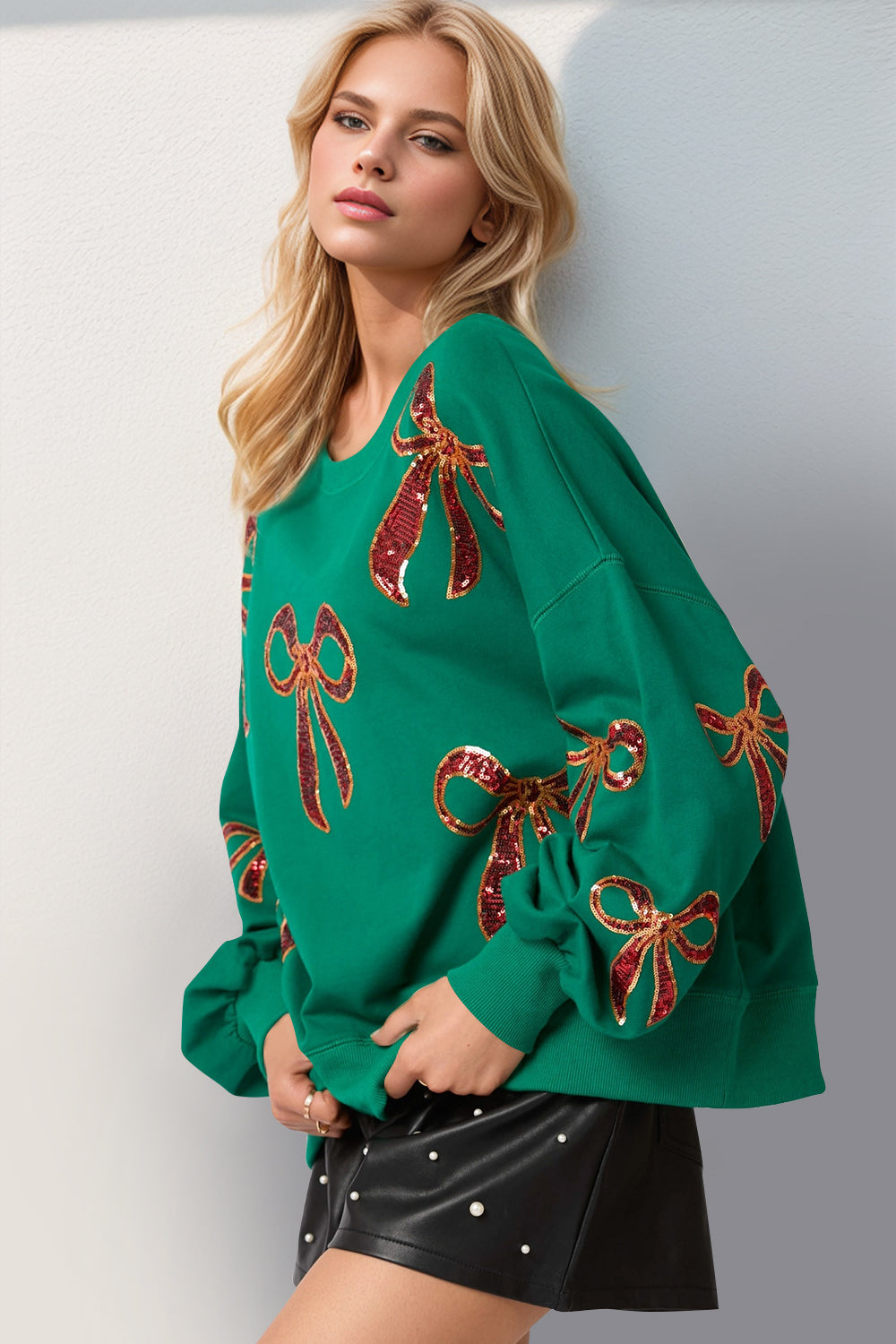 Christmas Bow Sequin Round Neck Dropped Shoulder Sweatshirt - Sydney So Sweet