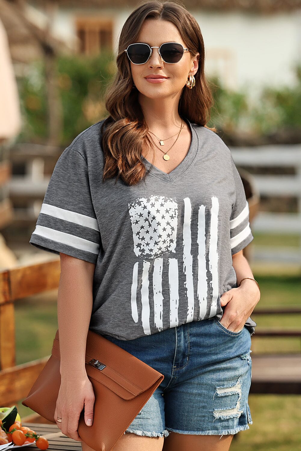 Plus Size US Flag Graphic V-Neck Tee - Sydney So Sweet