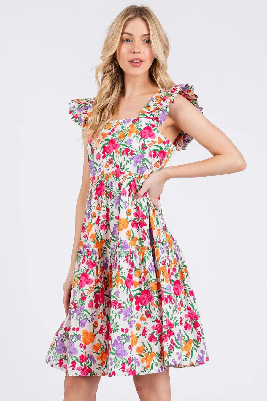 Mittoshop Flower Print Ruffle Shoulder A-line Mini Dress - Sydney So Sweet
