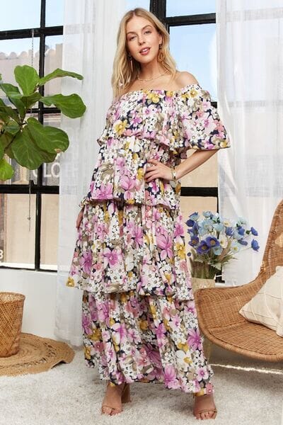ADORA Layered Floral Off-Shoulder Short Sleeve Maxi Dress - Sydney So Sweet