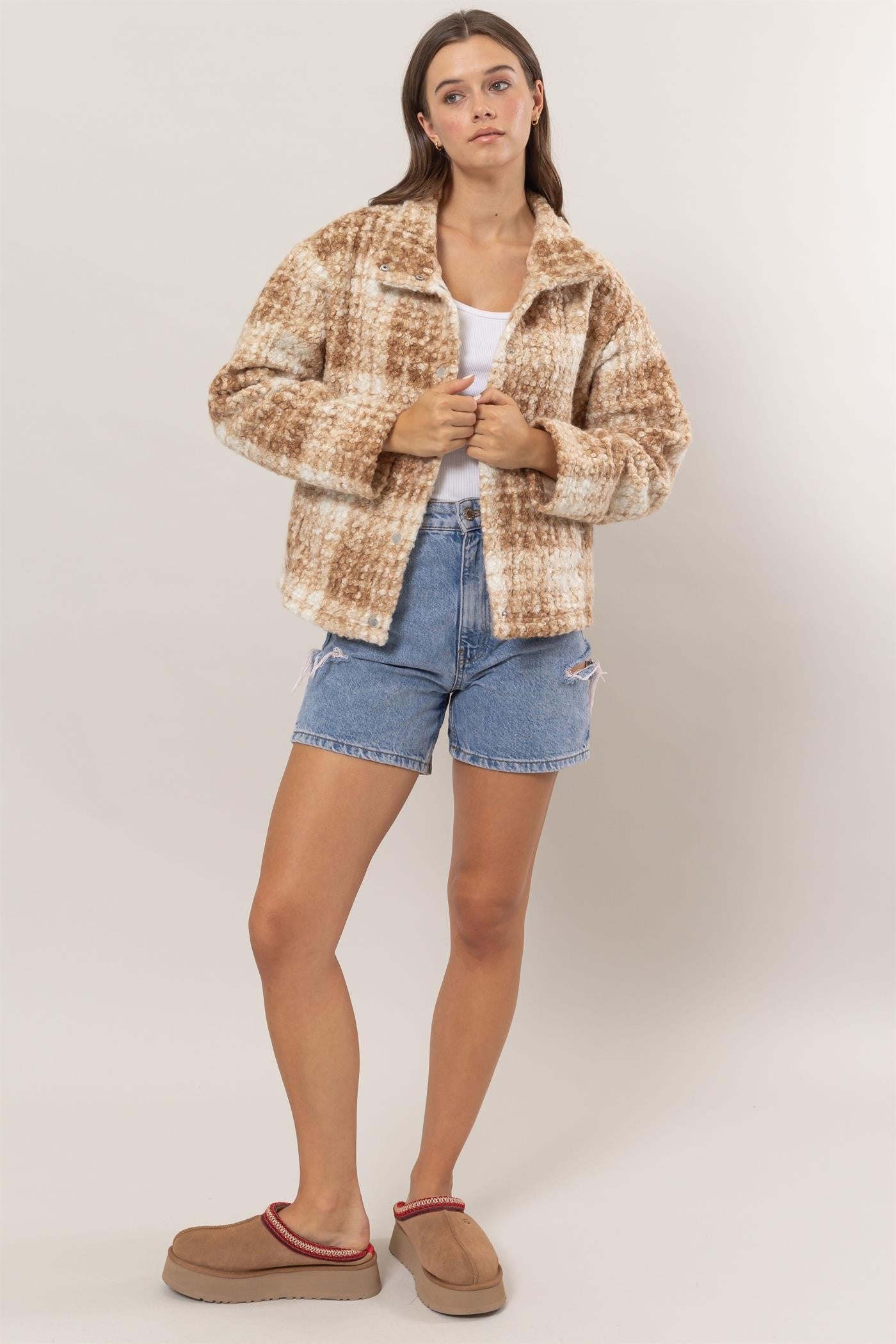 HYFVE Plaid Collared Neck Boucle Jacket with Pockets - Sydney So Sweet