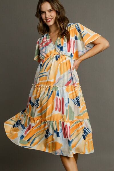 Umgee Full Size Abstract Print Flutter Sleeve Frill Tiered Midi Dress Plus Size - Sydney So Sweet