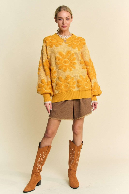 Davi & Dani Flower Texture Round Neck Dropped Shoulder Sweater - Sydney So Sweet