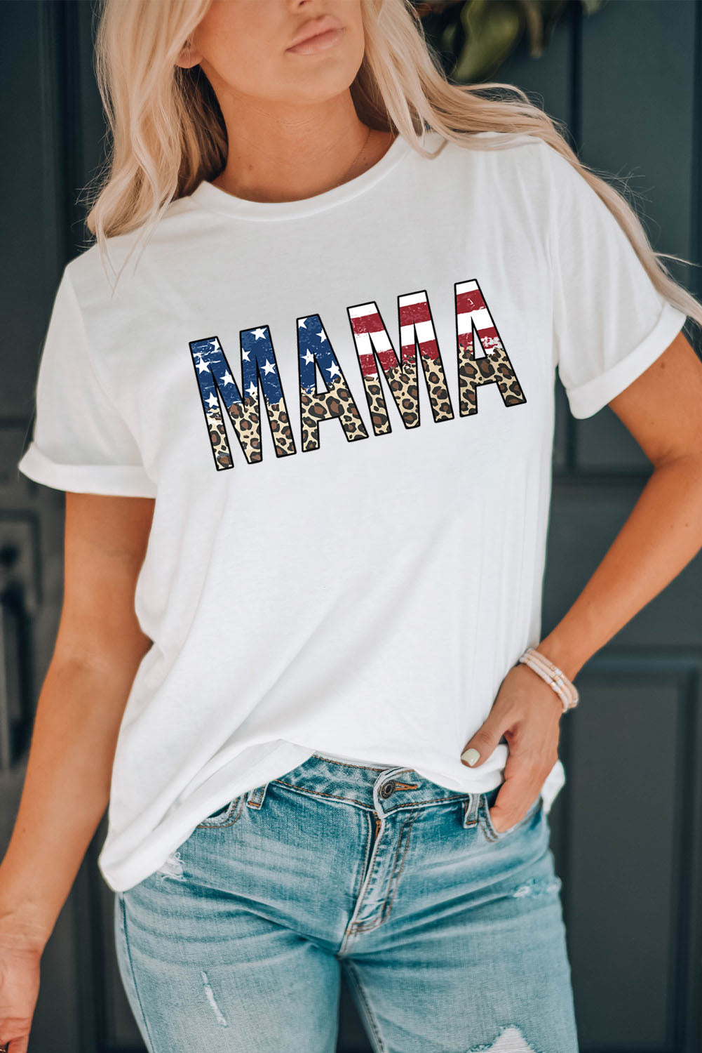 MAMA Cheetah & Flag Women's Graphic Short Sleeve T-Shirt