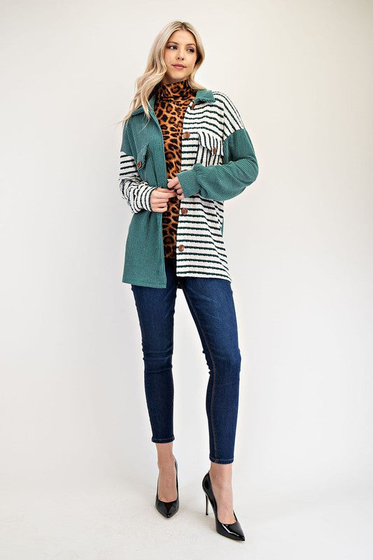 Celeste Full Size Striped Button Up Dropped Shoulder Shacket - Sydney So Sweet