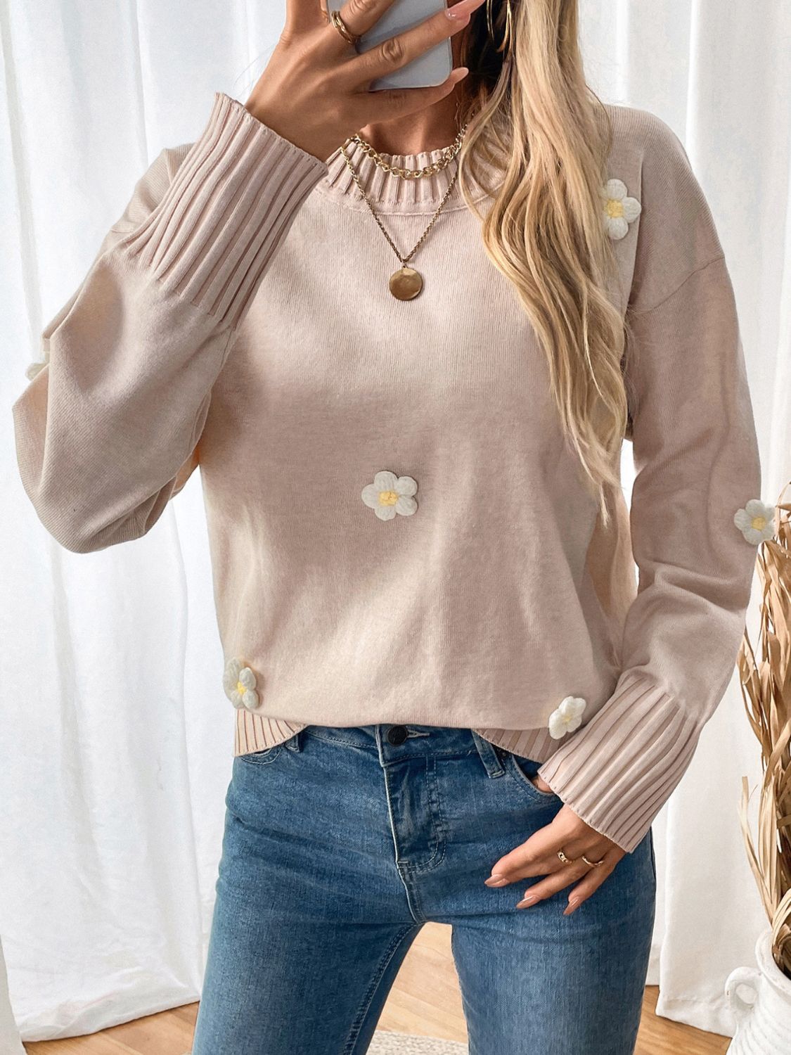 Perfee Flower Round Neck Long Sleeve Sweater - Sydney So Sweet