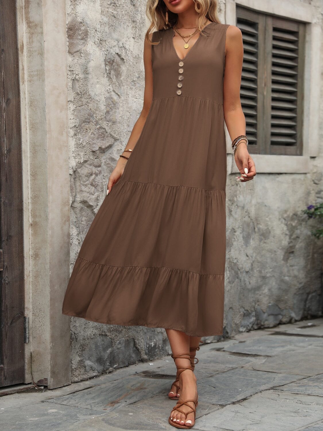 Decorative Button Notched Sleeveless Dress - Sydney So Sweet