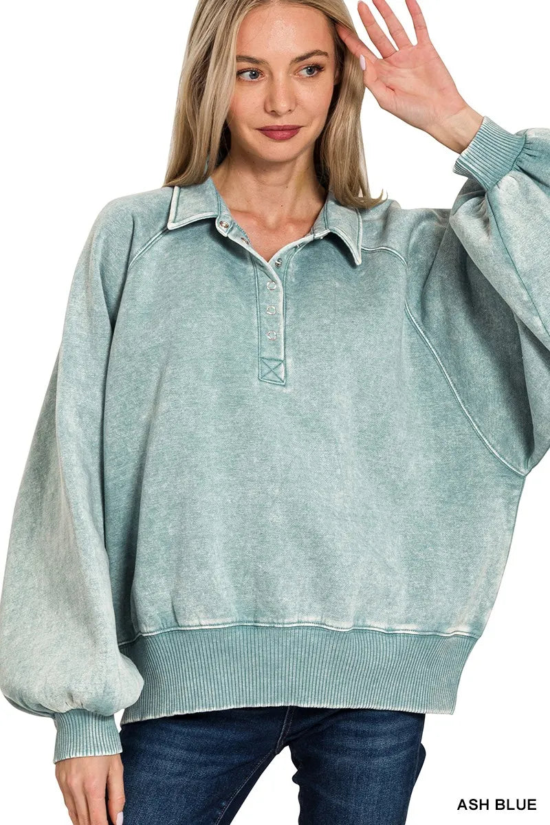 Zenana Acid Wash Fleece Collared Sweatshirt - Sydney So Sweet