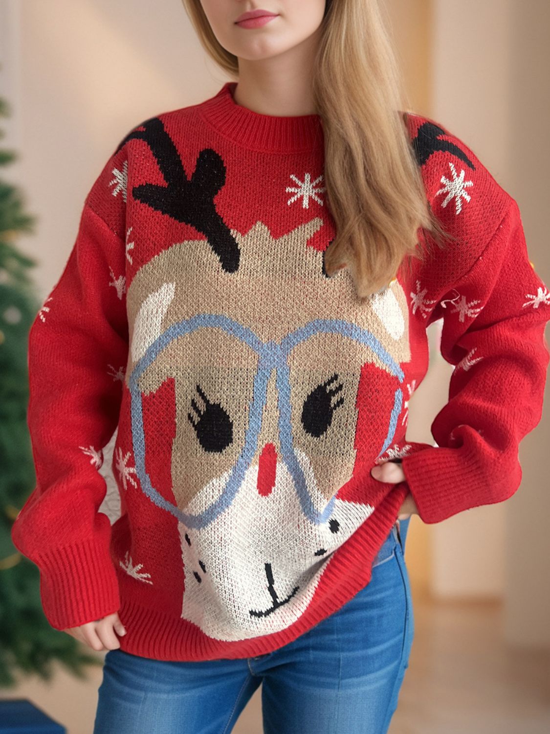 Reindeer Round Neck Dropped Shoulder Sweater - Sydney So Sweet