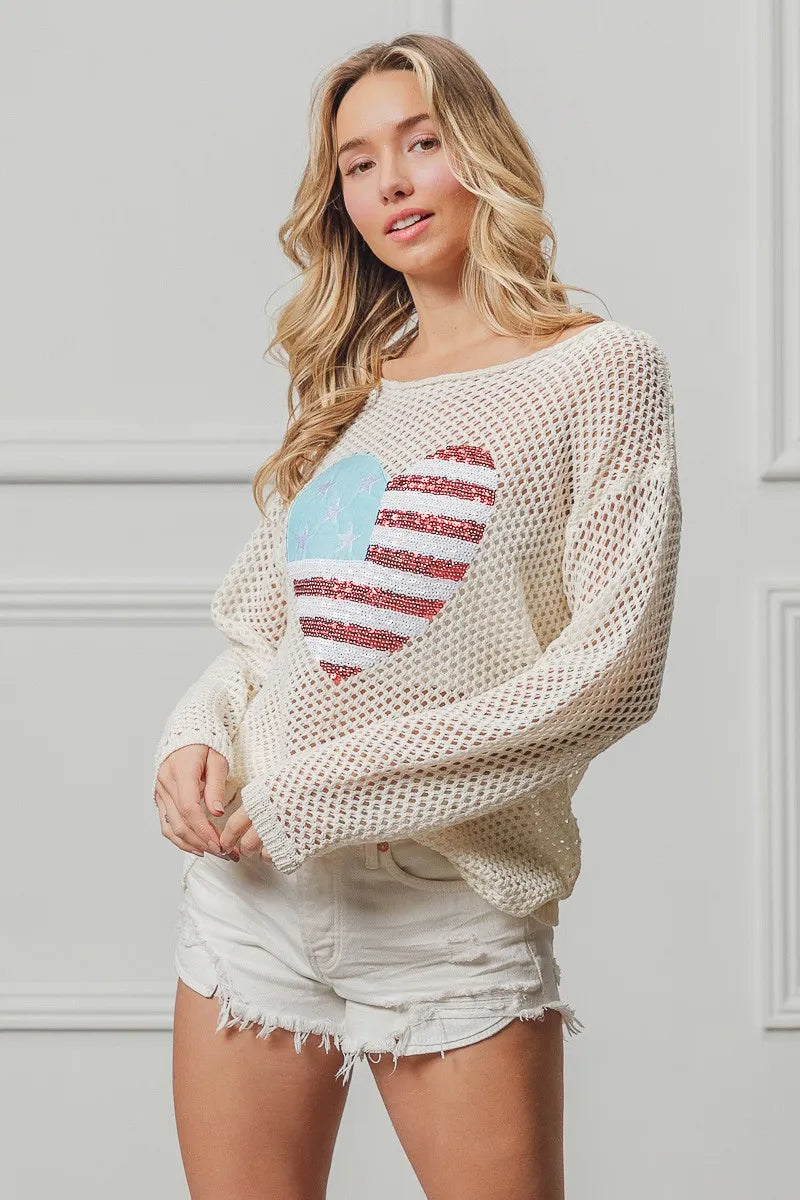 BiBi Sequin American Flag Heart Knit Up - Sydney So Sweet
