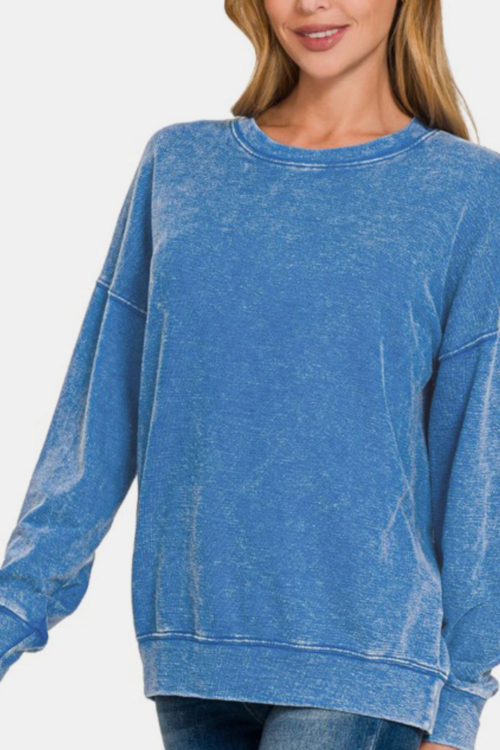 Zenana Washed Round Neck Dropped Shoulder Sweatshirt - Sydney So Sweet