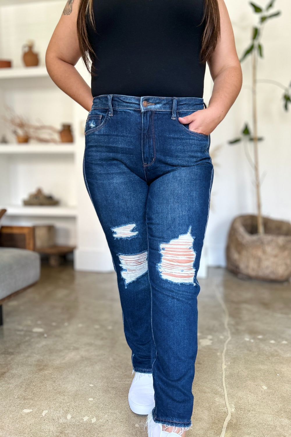 Judy Blue Full Size High Waist Rigid Magic Heavy Destroy Straight Jeans - Sydney So Sweet