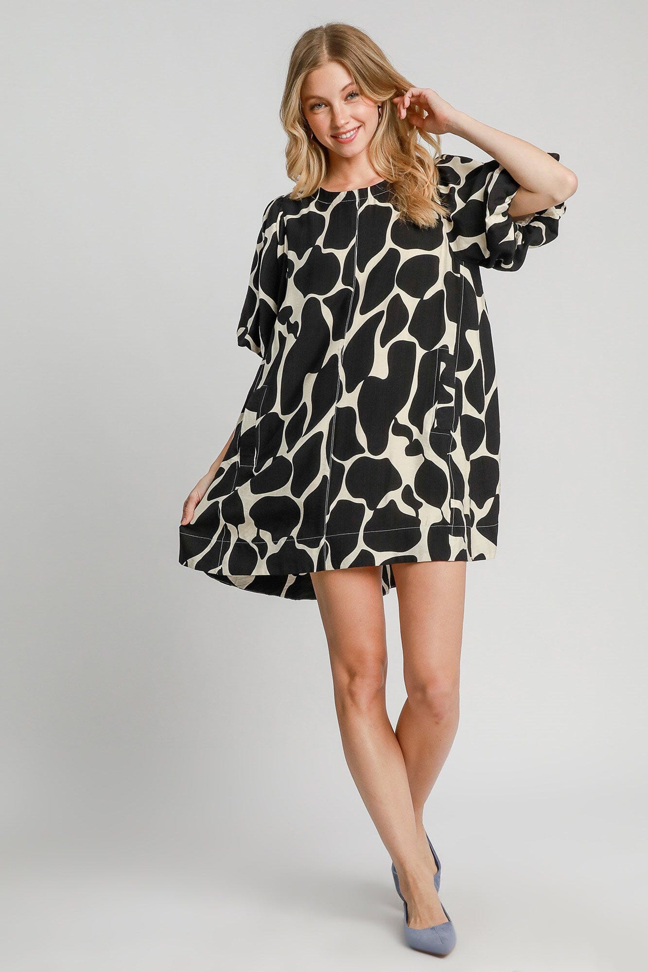 Umgee Full Size Two Tone Abstract Print Puff Sleeve Dress Plus Size - Sydney So Sweet