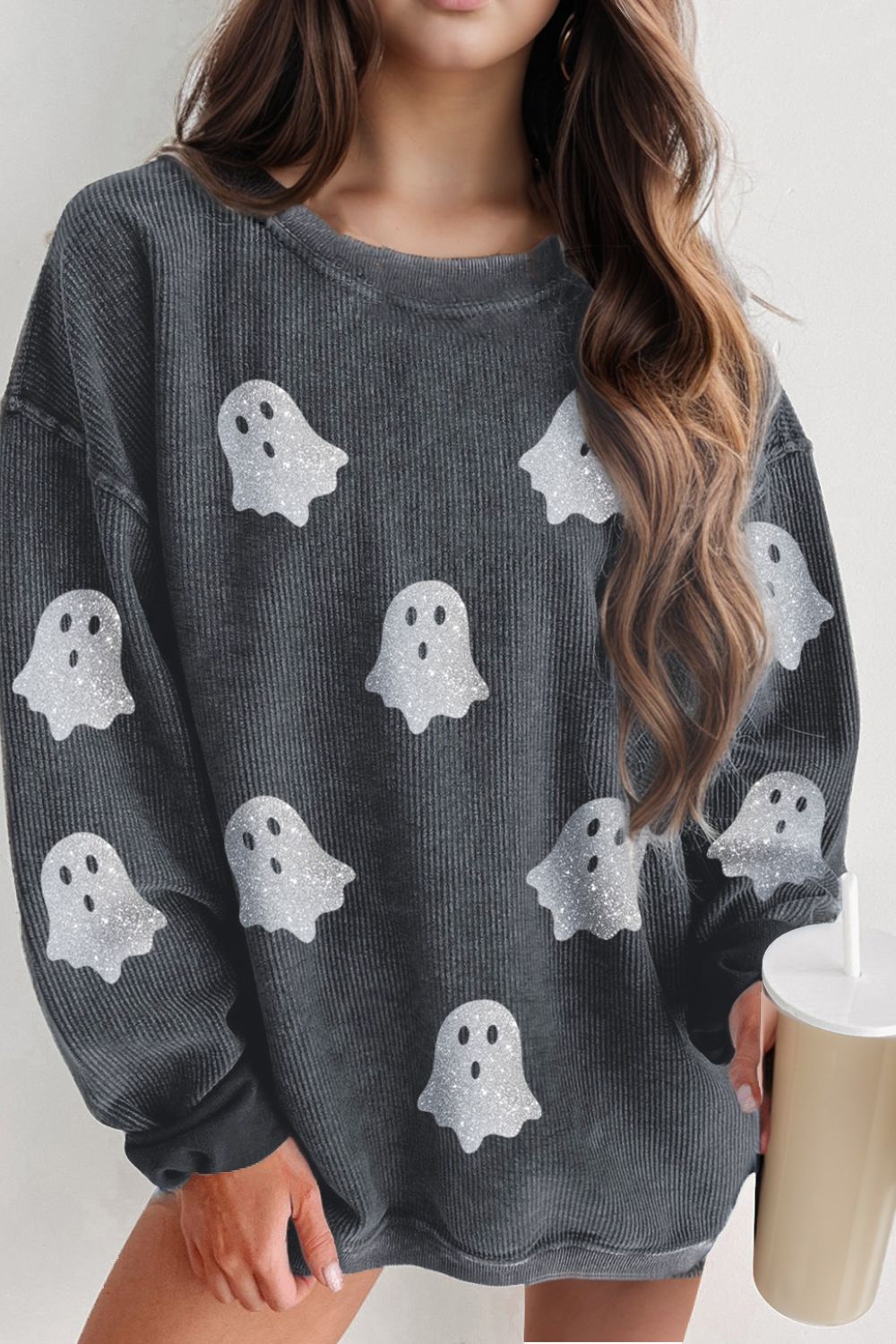 Glitter Ghost Round Neck Long Sleeve Sweatshirt - Sydney So Sweet