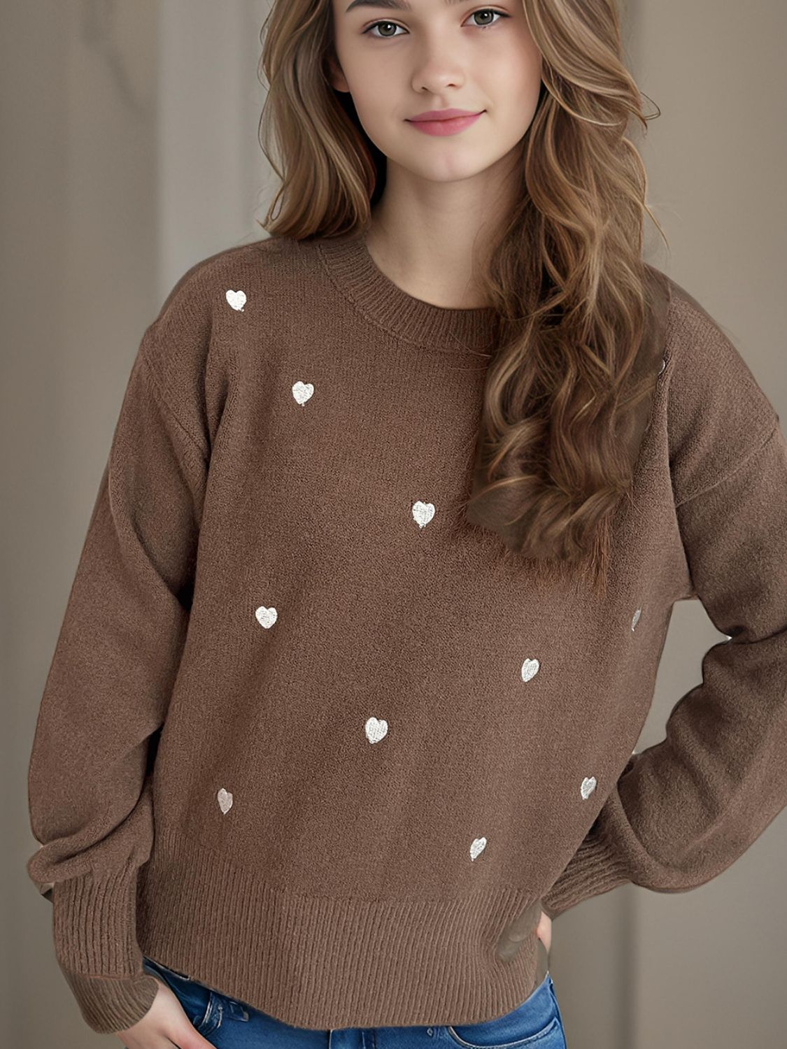 Heart Round Neck Long Sleeve Sweater - Sydney So Sweet