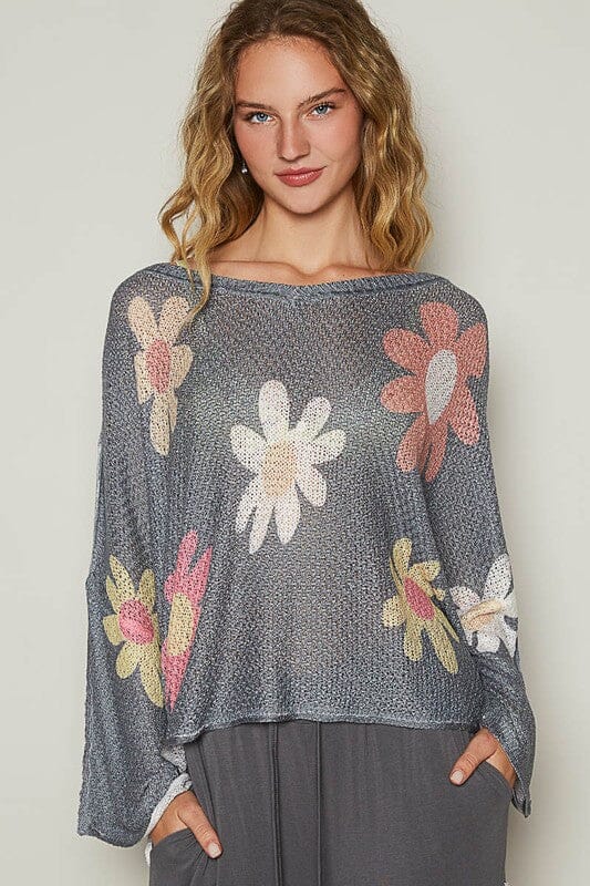 POL Flower Dropped Shoulder Long Sleeve Knit Top - Sydney So Sweet