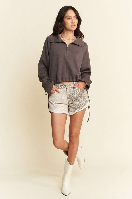 Davi & Dani Drawstring Hem Half Zip Raglan Sleeve Sweatshirt - Sydney So Sweet