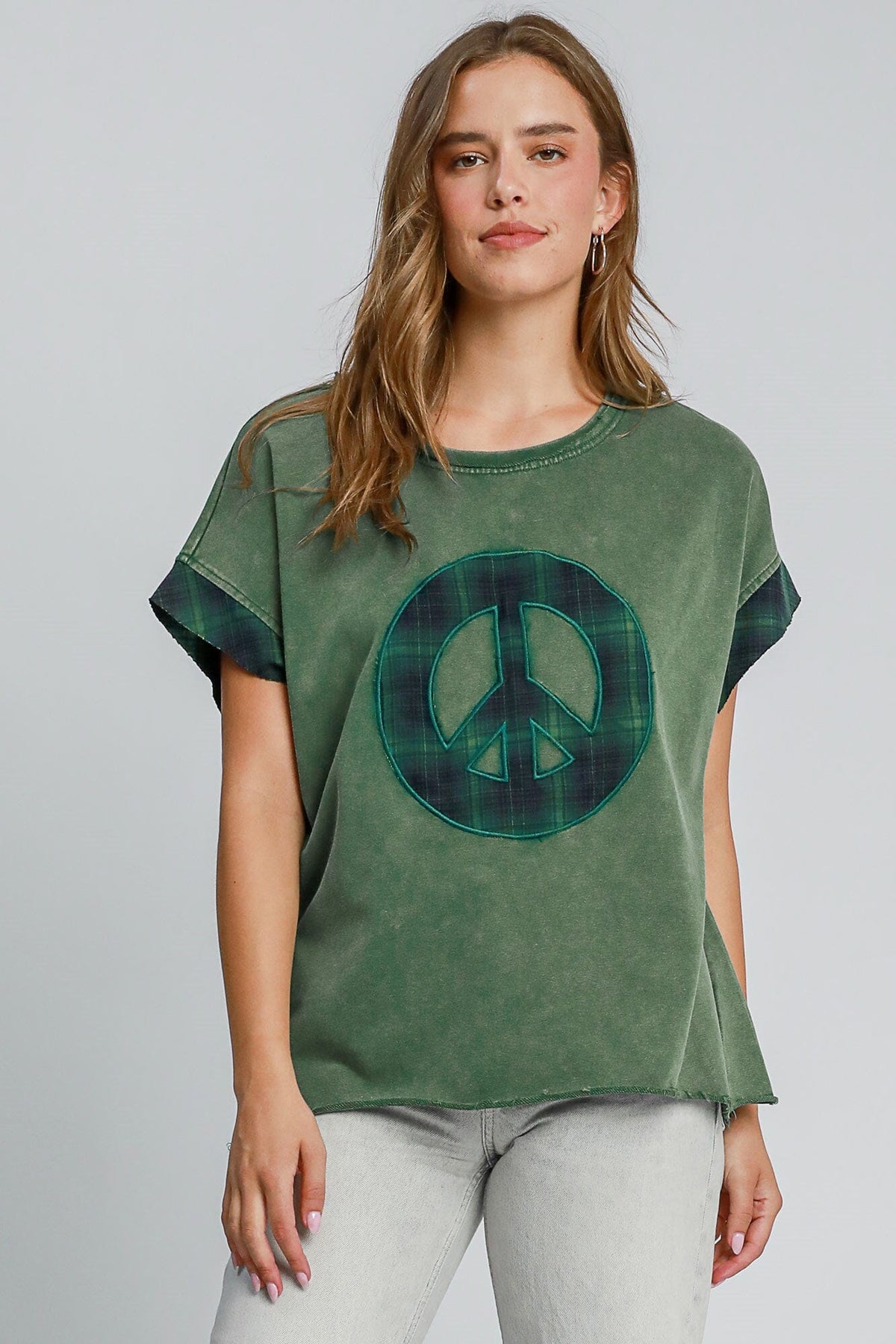 Umgee Peace Applique Round Neck French Terry Top - Sydney So Sweet