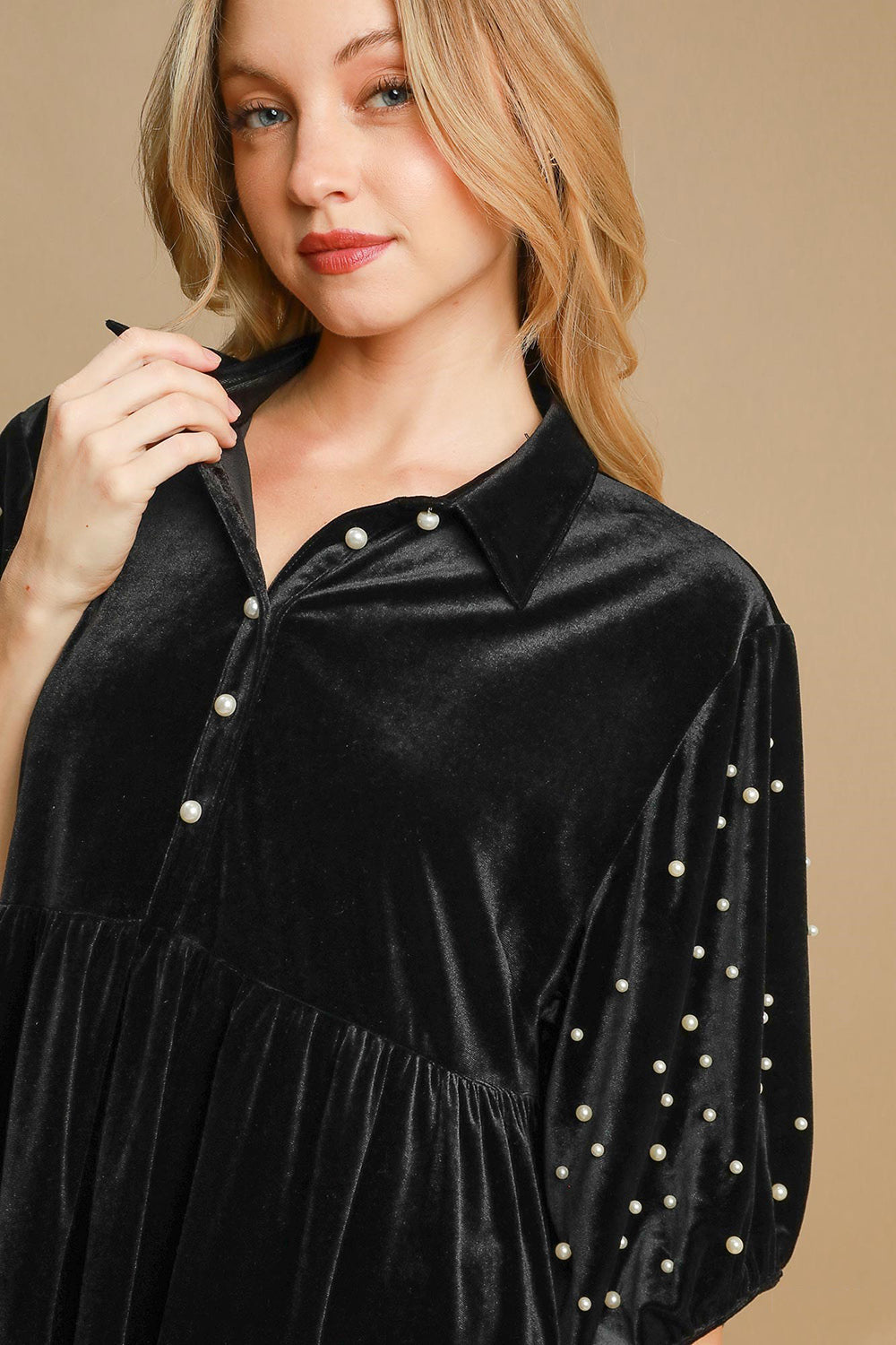 Umgee Pearl Detail Half Sleeve Velvet Babydoll Blouse - Sydney So Sweet