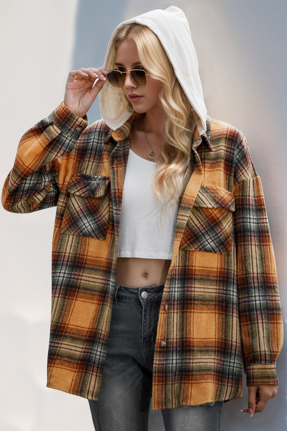 Drawstring Plaid Long Sleeve Hooded Shacket - Sydney So Sweet