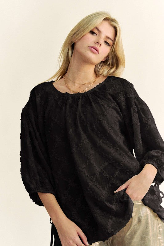 Davi & Dani Tied Round Neck Mesh Blouse - Sydney So Sweet