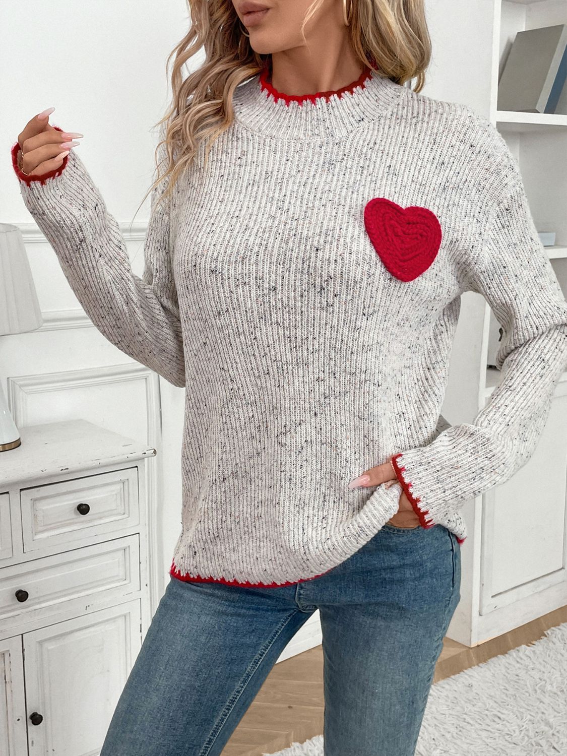 Perfee Contrast Heart Round Neck Long Sleeve Sweater - Sydney So Sweet