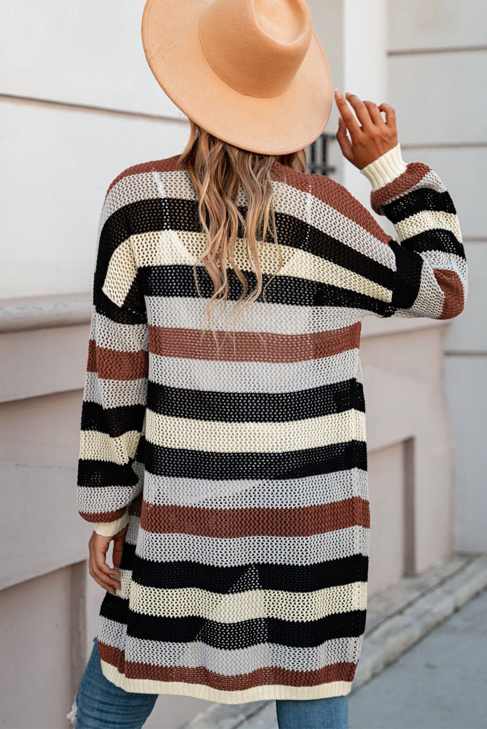 Full Size Striped Long Sleeve Openwork Cardigan - Sydney So Sweet