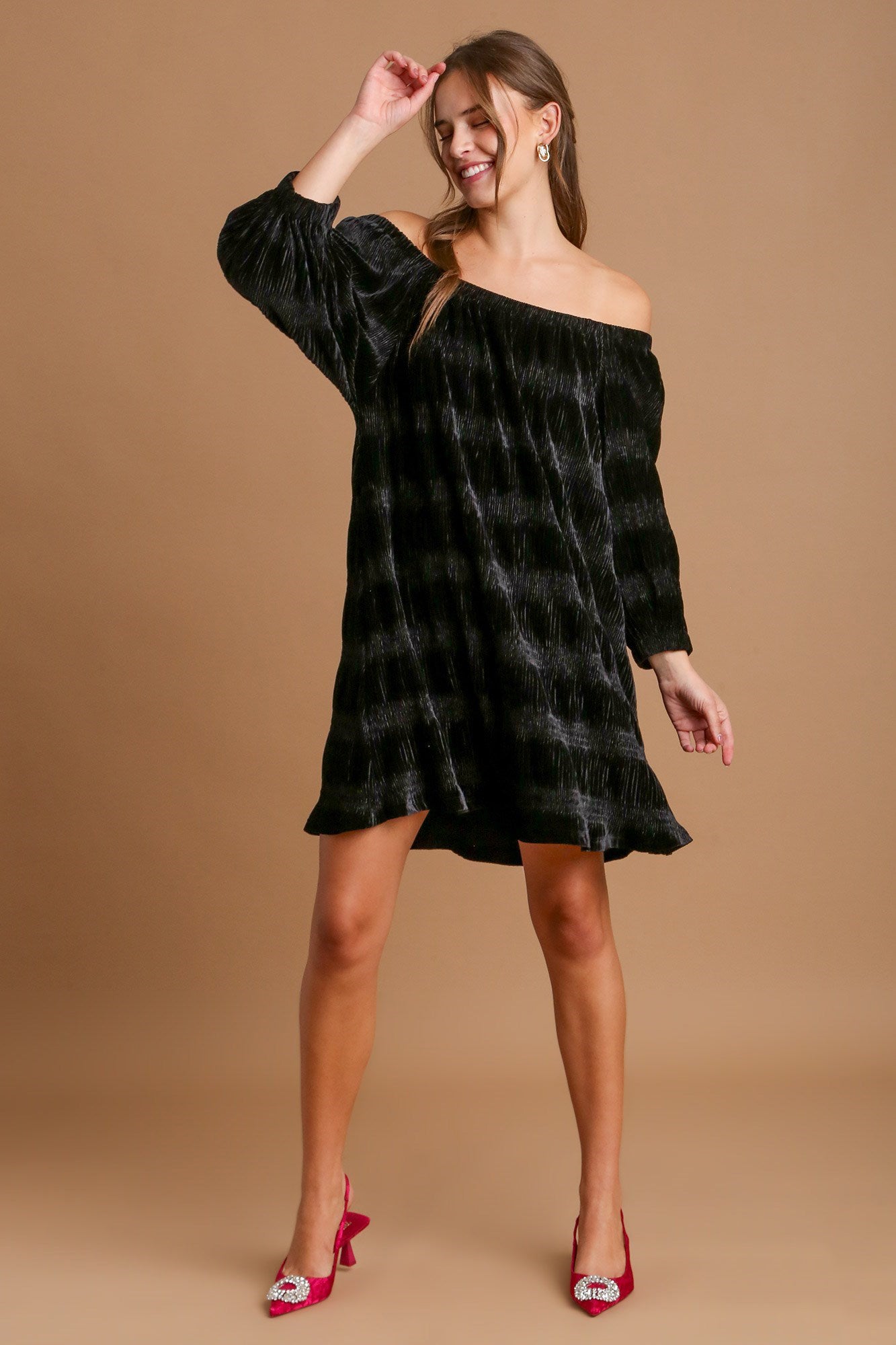 Umgee Off-Shoulder Balloon Sleeve Velvet Mini Dress - Sydney So Sweet