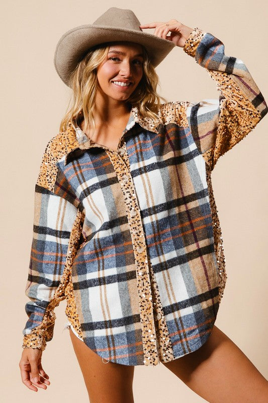 BiBi Curved Hem Sequin Plaid Button Up Shacket - Sydney So Sweet