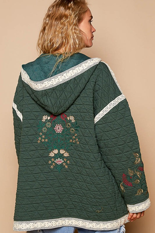 POL Embroidered Open Front Quilted Jacket with Crochet Pockets - Sydney So Sweet