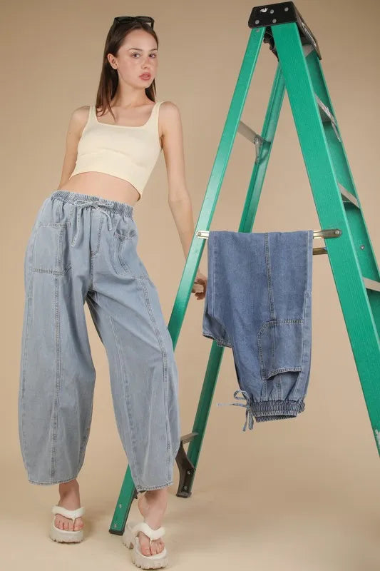 VERY J Washed Chambray Barrel Denim Pants - Sydney So Sweet