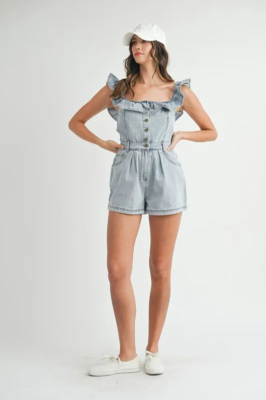 MABLE Off Shoulder Ruffle Detail Denim Romper - Sydney So Sweet