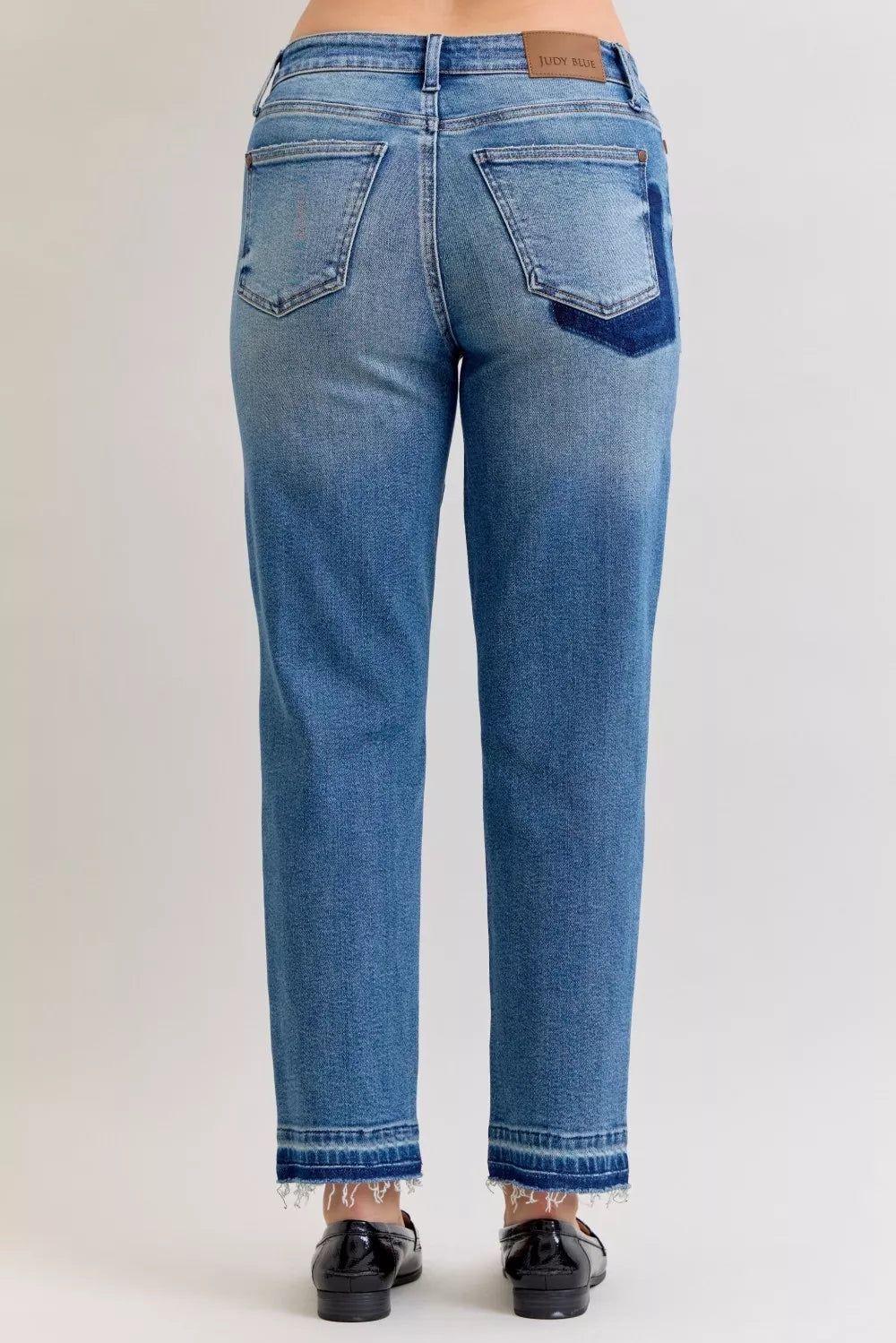 Judy Blue Full Size Mid Rise Bf Patch & Repair Destroy Release Hem Jeans Plus Size - Sydney So Sweet