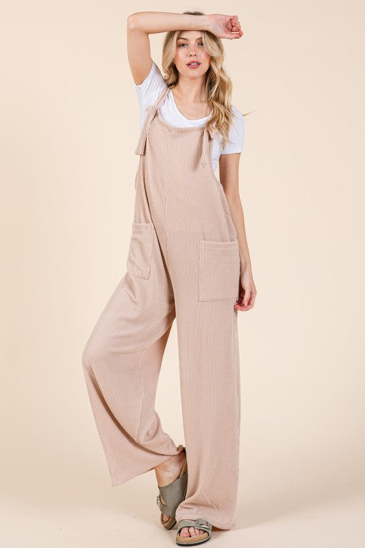 BOMBOM Knot Straps Wide Leg Ribbed Overalls with Pockets - Sydney So Sweet