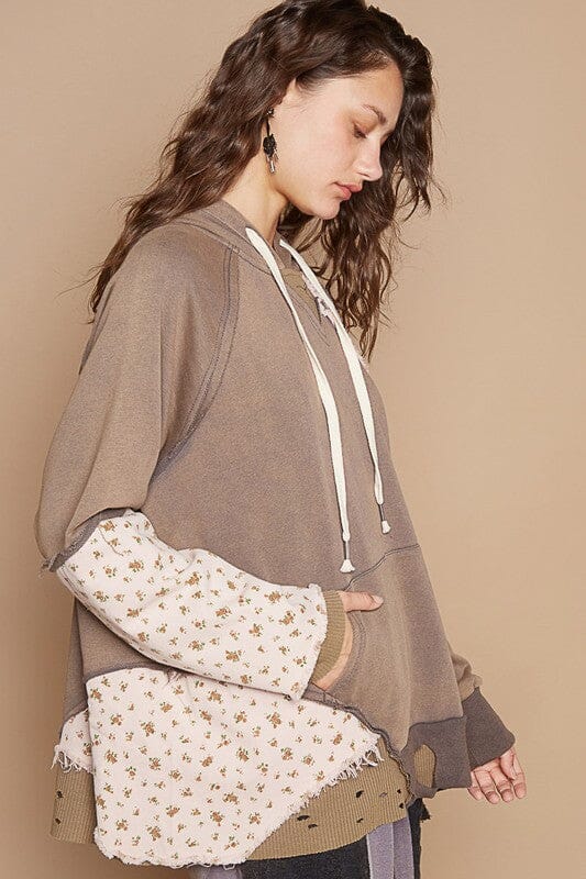 POL Floral Patchwork Distressed Drawstring Hoodie - Sydney So Sweet