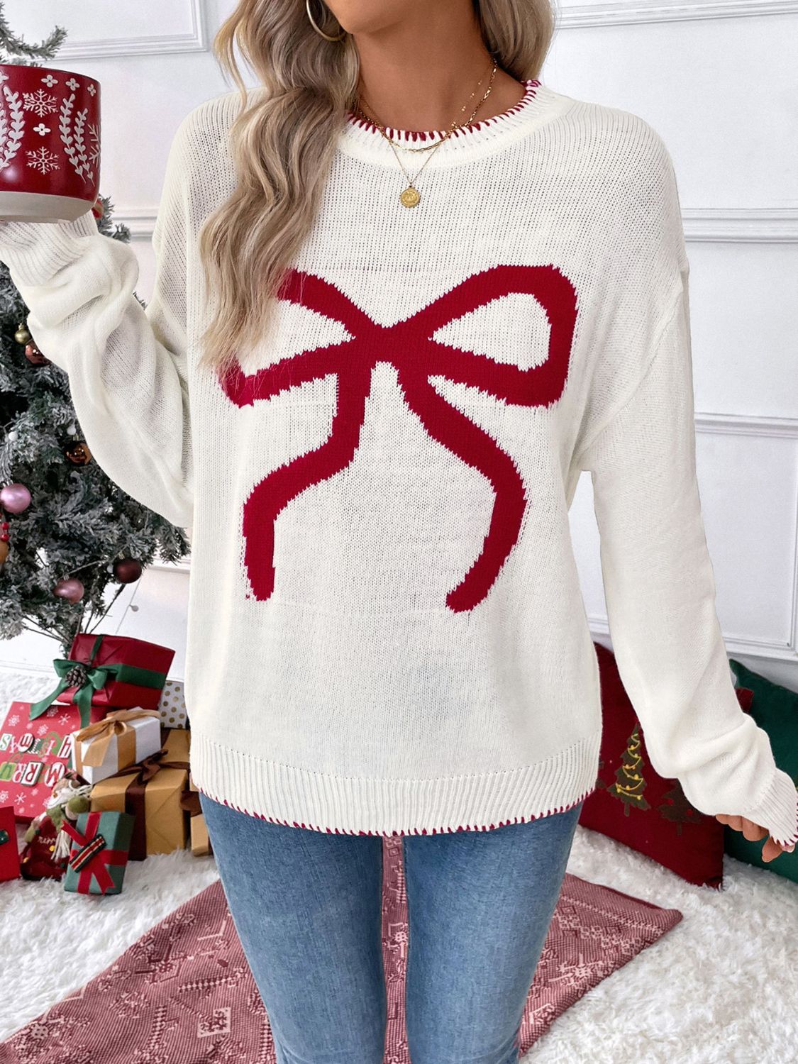 Perfee Bow Round Neck Long Sleeve Sweater - Sydney So Sweet