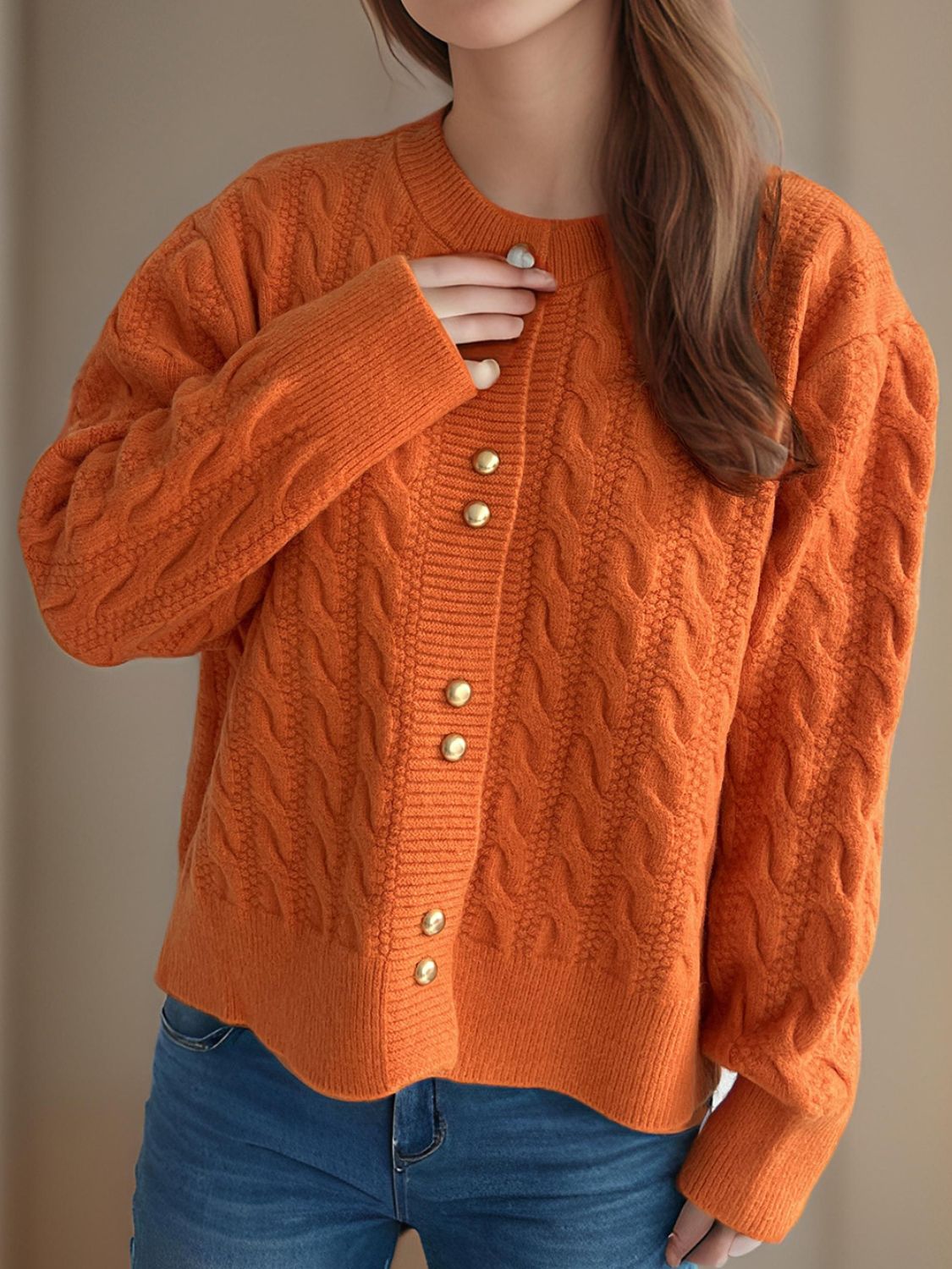 Cable-Knit Round Neck Long Sleeve Cardigan - Sydney So Sweet