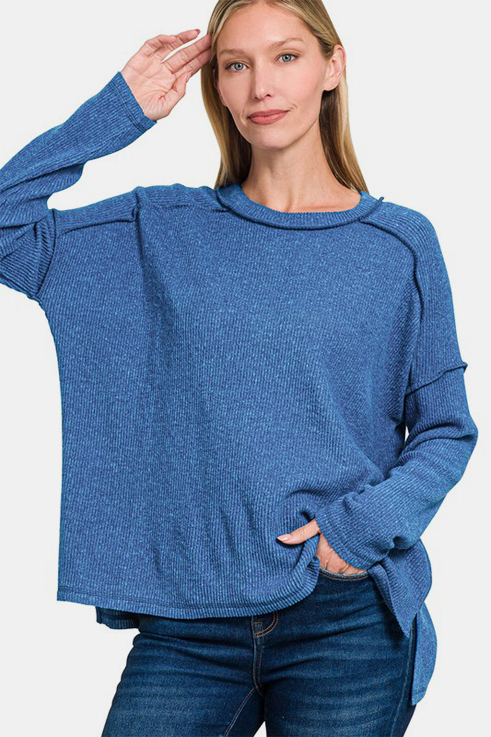 Zenana Full Size Exposed Seam Brushed Round Neck Sweater - Sydney So Sweet