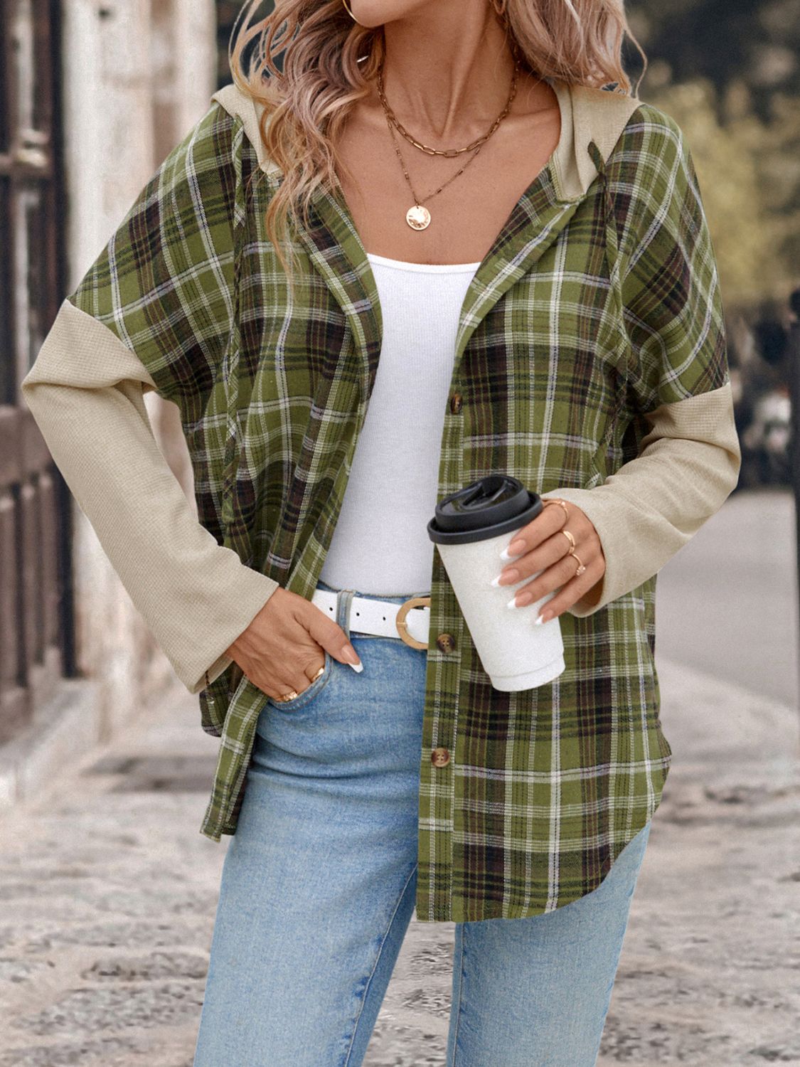 Perfee Drawstring Plaid Long Sleeve Hooded Shirt - Sydney So Sweet