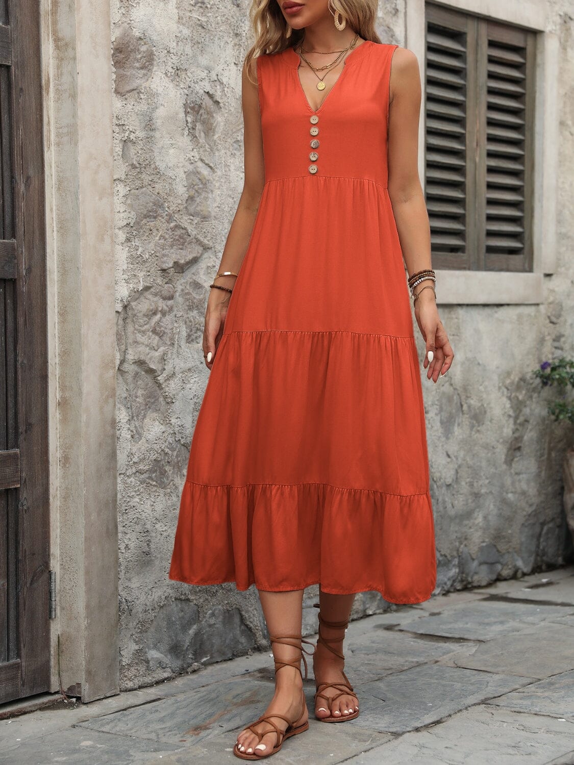 Decorative Button Notched Sleeveless Dress - Sydney So Sweet