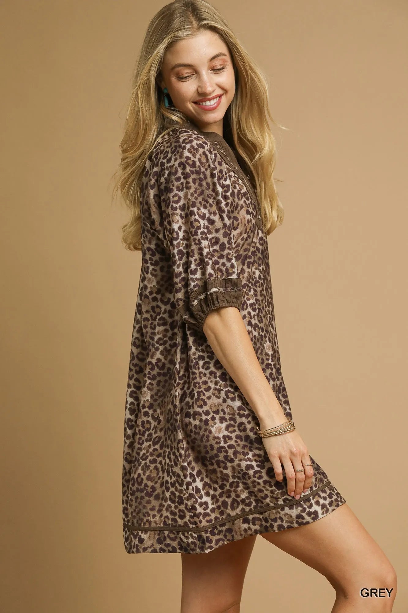 Umgee Full Size Leopard Print Mini Dress with Contrast Trim Plus Size - Sydney So Sweet