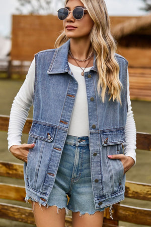 Sleeveless Collared Neck Denim Top with Pockets - Sydney So Sweet