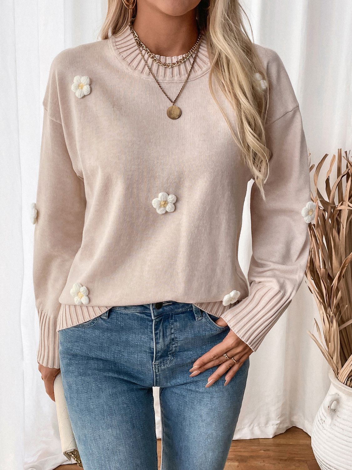 Perfee Flower Round Neck Long Sleeve Sweater - Sydney So Sweet