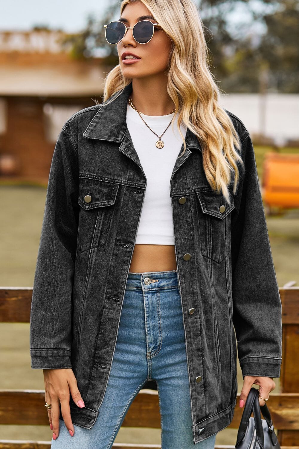 Buttoned Collared Neck Denim Jacket with Pockets - Sydney So Sweet