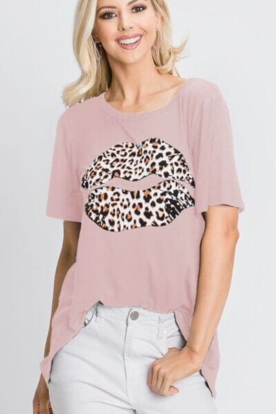 Heimish Full Size Leopard Lip Round Neck Short Sleeve T-Shirt Plus Size - Sydney So Sweet