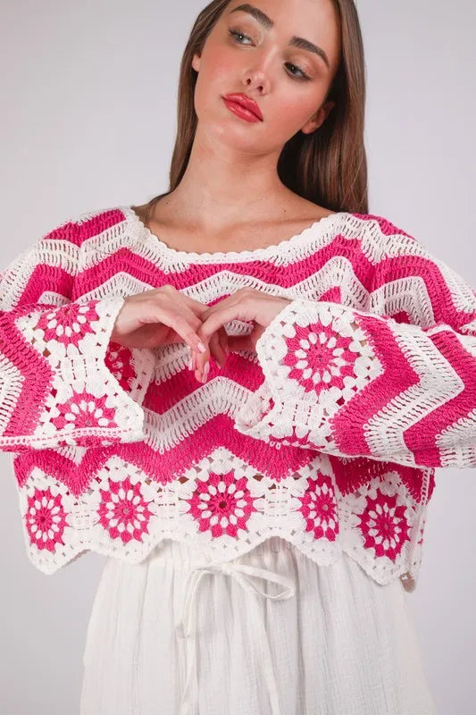 VERY J Chevron/Floral Pattern Crochet Knit Top - Sydney So Sweet
