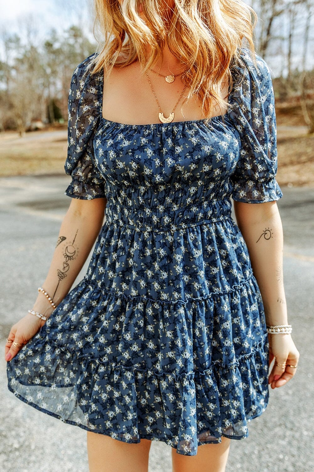 Printed Square Neck Short Sleeve Dress - Sydney So Sweet