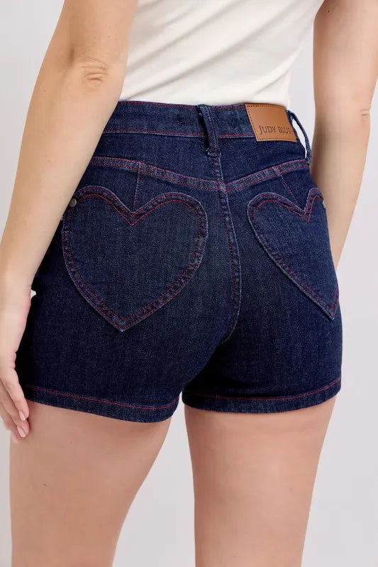 Judy Blue High Waist Heart Shaped Pkts & Red Contrast Thread Denim Shorts - Sydney So Sweet